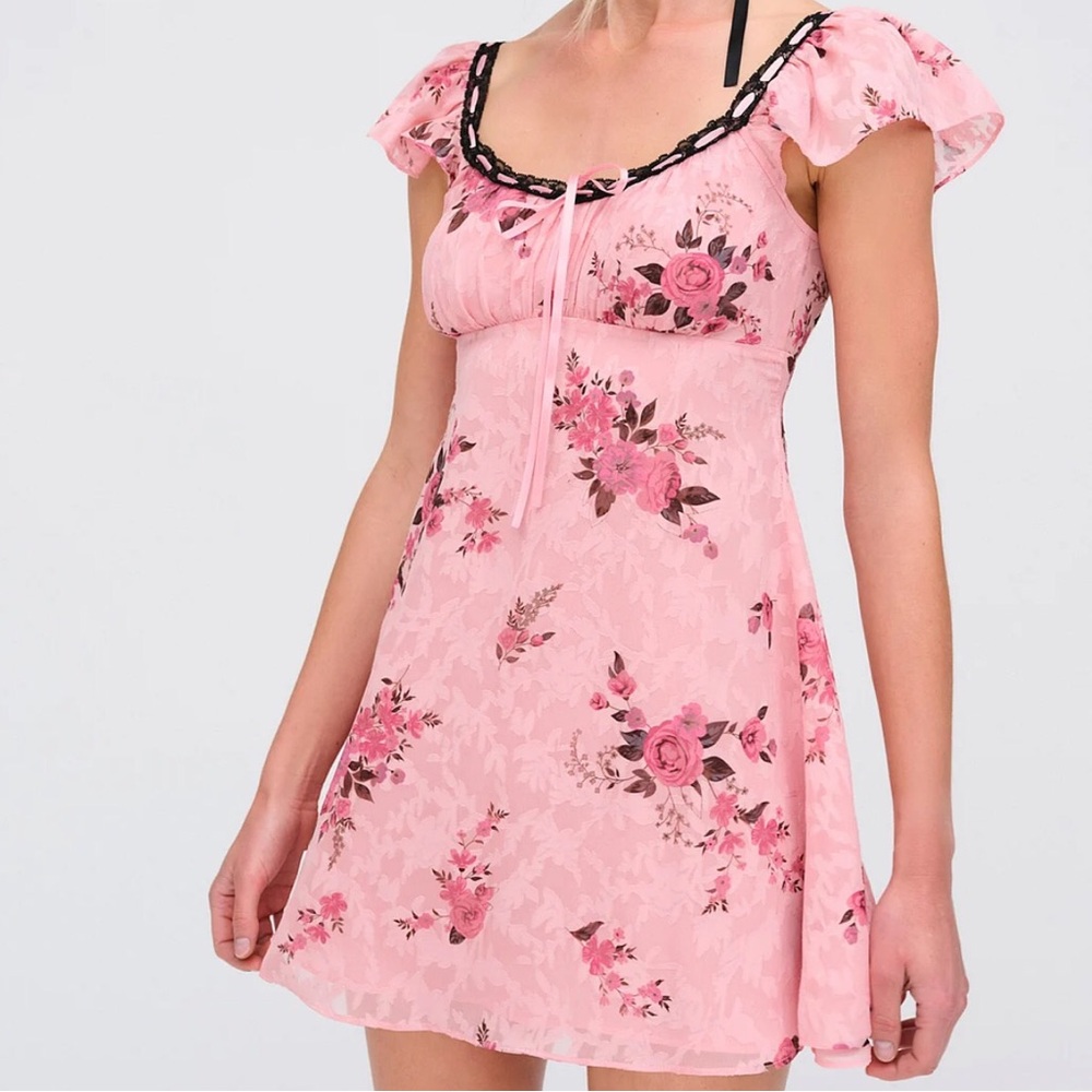 NWT $198 For Love & Lemons M Guinevere Mini Dress Slip Lingerie Floral Ribbon